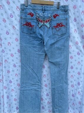 Soho Light Blue Bootcut Jeans with Red Embroidered Butterfly